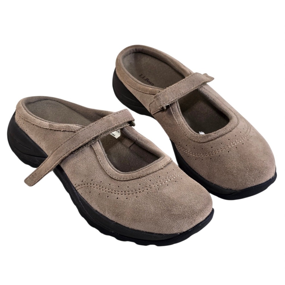 LL Bean Womens Tan Suede Mary Jane Mules Comfort Slip On Shoes Size 9